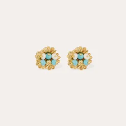 Boucles d'oreilles puces Azalée - Turquoise & Nacre blanche