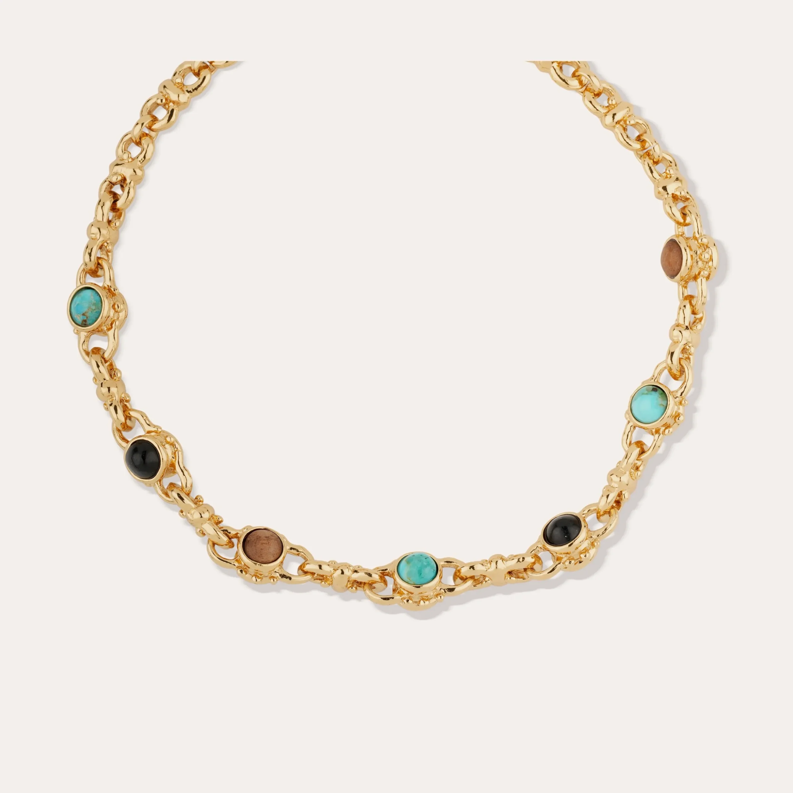 Collier Amarante cabochons multi - Turquoise, Basalte noire & Bois