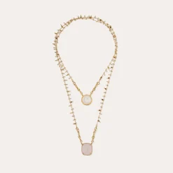 Collier Scapulaire serti - Nacre blanche & Quartz rose