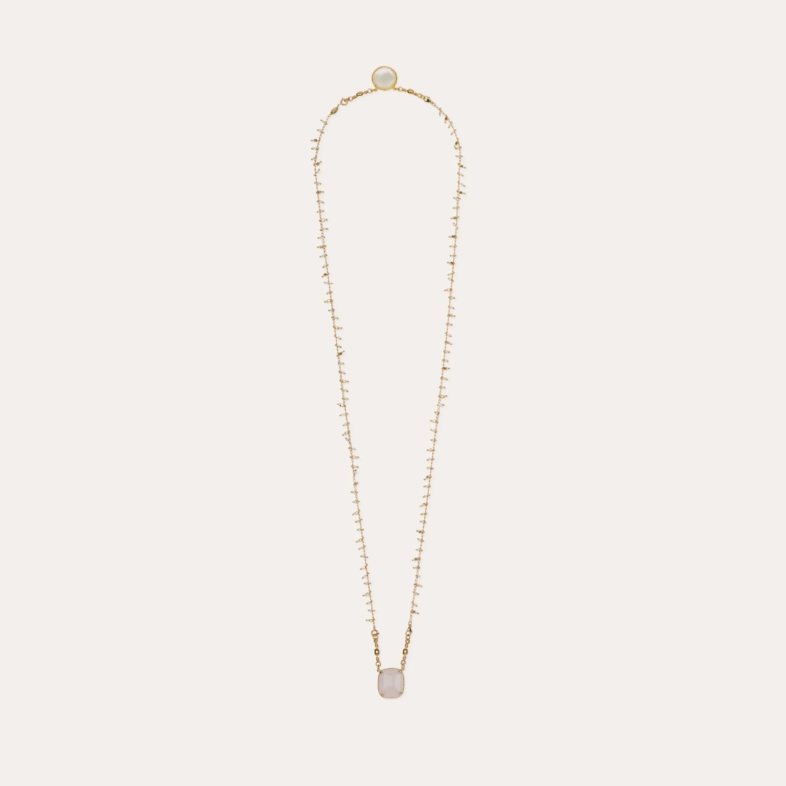 Collier Scapulaire serti - Nacre blanche & Quartz rose